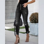 Women's High-Waisted Skinny Jeans with Visible Button Placket, Destroyed Knee Areas, and Raw Ankle Hem Fashion Glam