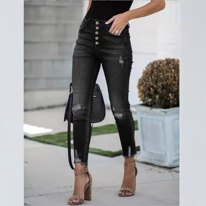 Women's High-Waisted Skinny Jeans with Visible Button Placket, Destroyed Knee Areas, and Raw Ankle Hem Fashion Glam