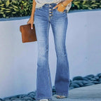 Ladies high-waisted flare jeans with decorative button placket and sculpting fit Fashion Glam
