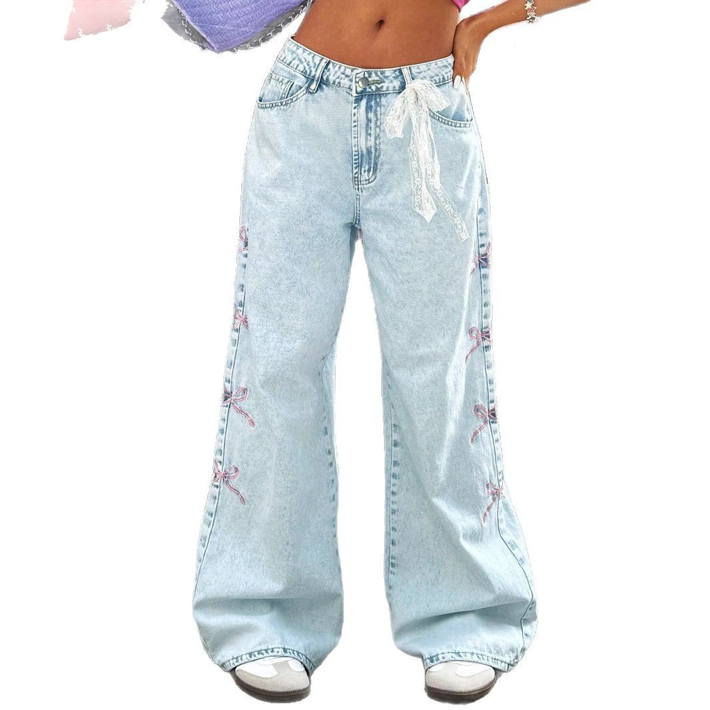 Ladies wide high-waist denim jeans with lace band belt and flared leg Fashion Glam