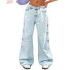 Ladies wide high-waist denim jeans with lace band belt and flared leg Fashion Glam