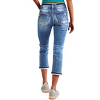 Women's cropped jeans with turn-up, mid-rise waist and used wash Fashion Glam