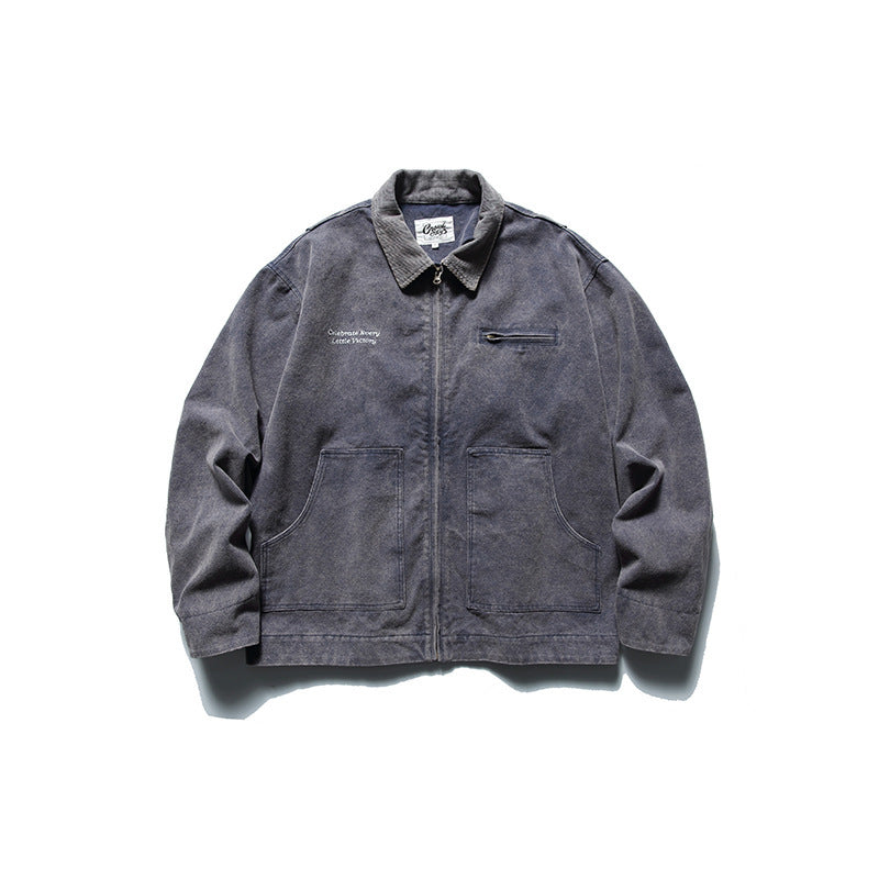 Men's Boxy Worker Jacket made of washed canvas with cord collar and zipper Fashion Glam