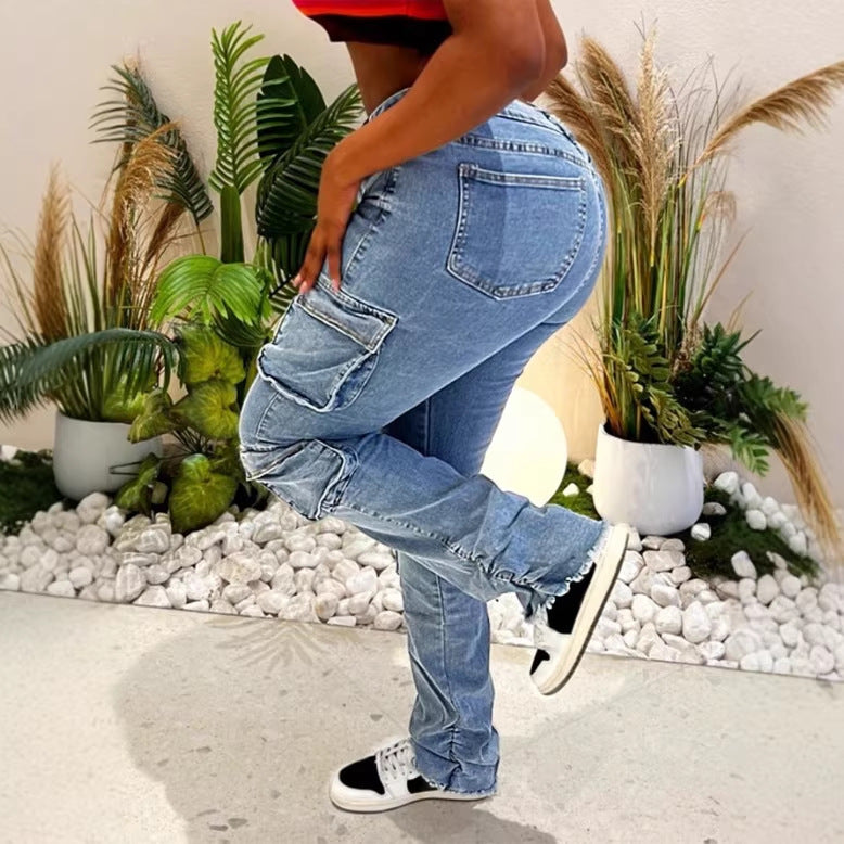 Ladies Cargo Denim Jeans with High Waist, Slim Fit Hips and Patch Utility Pockets Fashion Glam