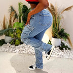 Ladies Cargo Denim Jeans with High Waist, Slim Fit Hips and Patch Utility Pockets Fashion Glam