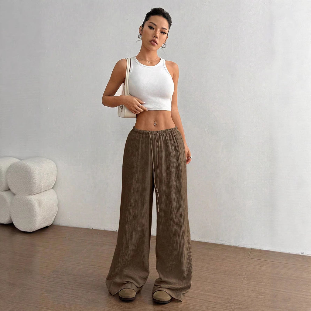 Women Lightweight Linen Look Pants with Wide Leg, Elastic Waistband and Drawstring Fashion Glam