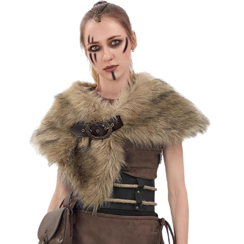 Women Viking-inspired fantasy costume with faux fur shoulder cape, waist belt, and leather bag Fashion Glam