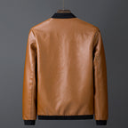 Men's smooth leather look bomber jacket with stand-up collar, zippered pockets, and elastic cuffs Fashion Glam