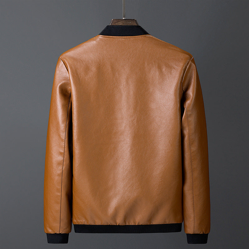 Men's smooth leather look bomber jacket with stand-up collar, zippered pockets, and elastic cuffs Fashion Glam