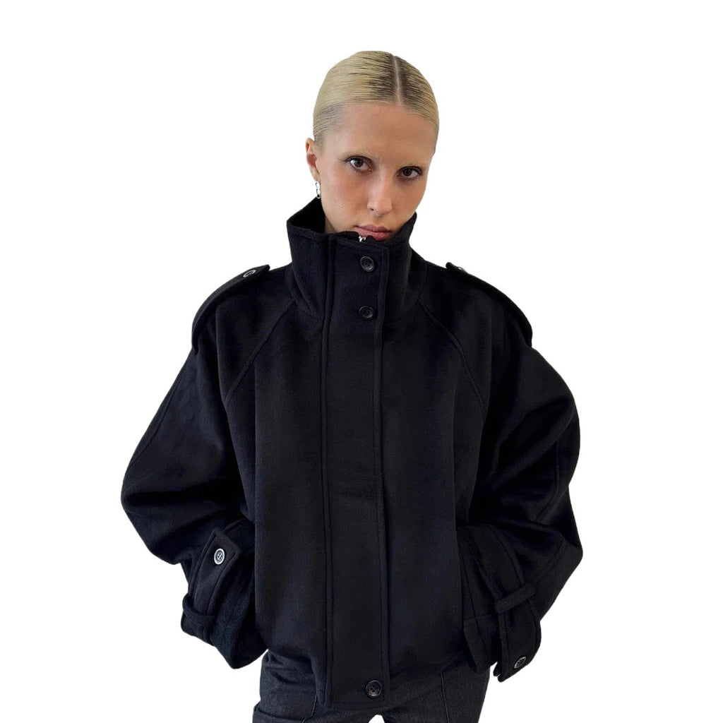Women's short jacket made of wool blend with high stand-up collar, balloon sleeves and shoulder flaps Fashion Glam