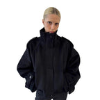 Women's short jacket made of wool blend with high stand-up collar, balloon sleeves and shoulder flaps Fashion Glam