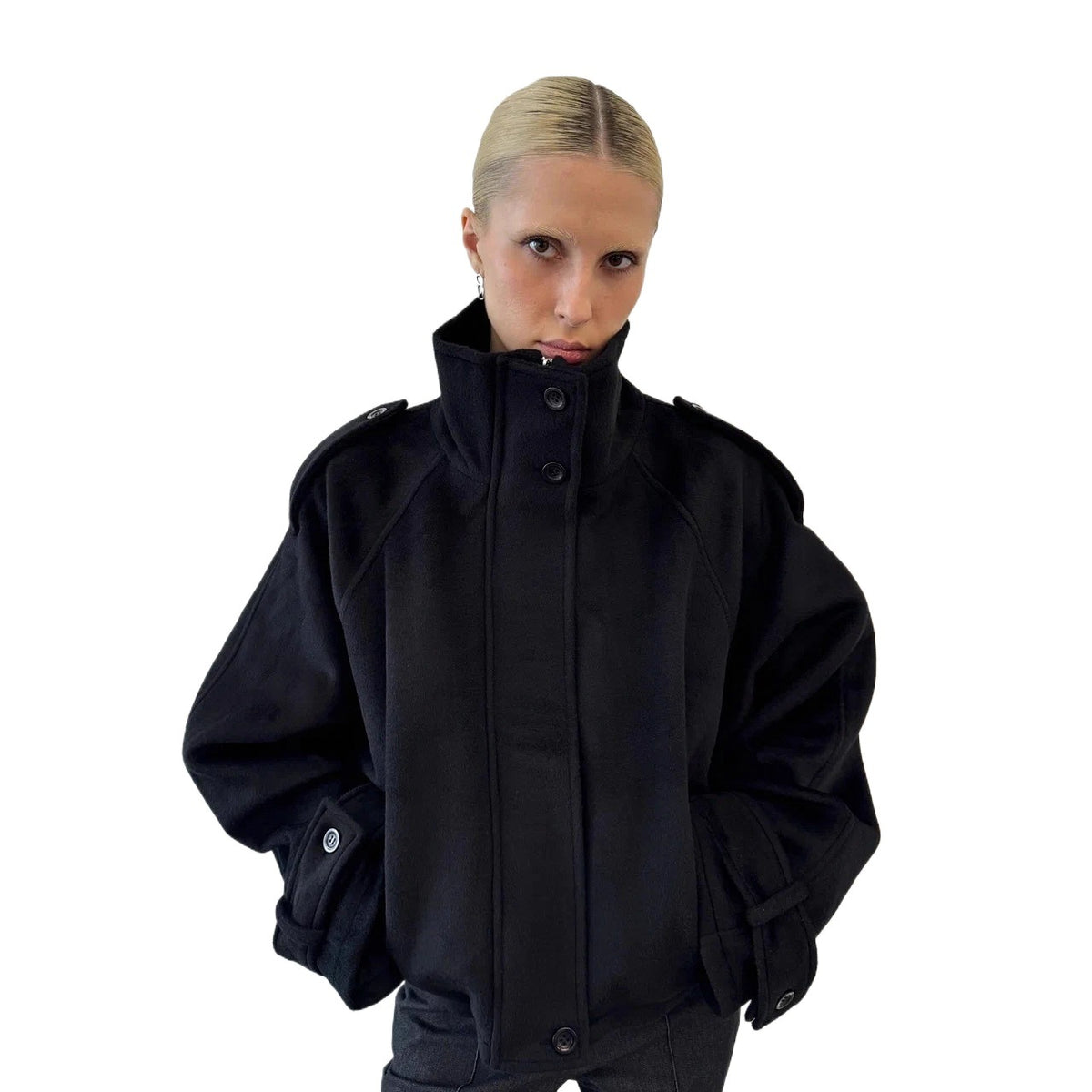 Women's short jacket made of wool blend with high stand-up collar, balloon sleeves and shoulder flaps Fashion Glam