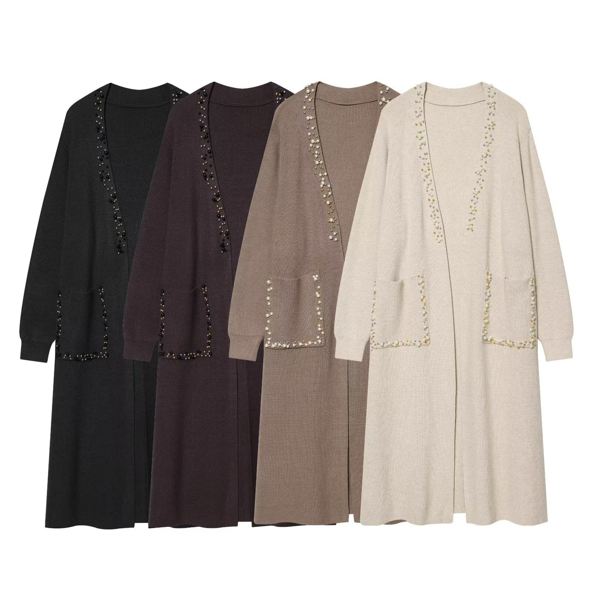 Women's long knitted cardigan with pearl trim and patch pockets Fashion Glam