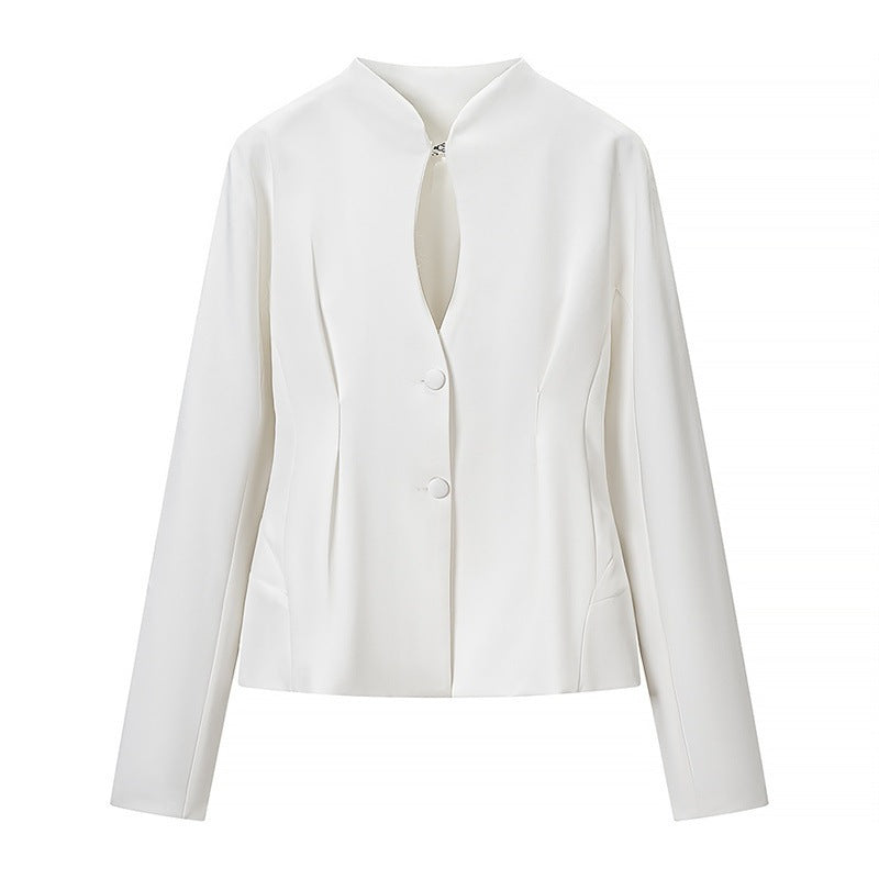 Women's Tailored Short Blazer without Lapels with Stand-Up Collar Look and Shaping Seams Fashion Glam