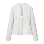 Women's Tailored Short Blazer without Lapels with Stand-Up Collar Look and Shaping Seams Fashion Glam