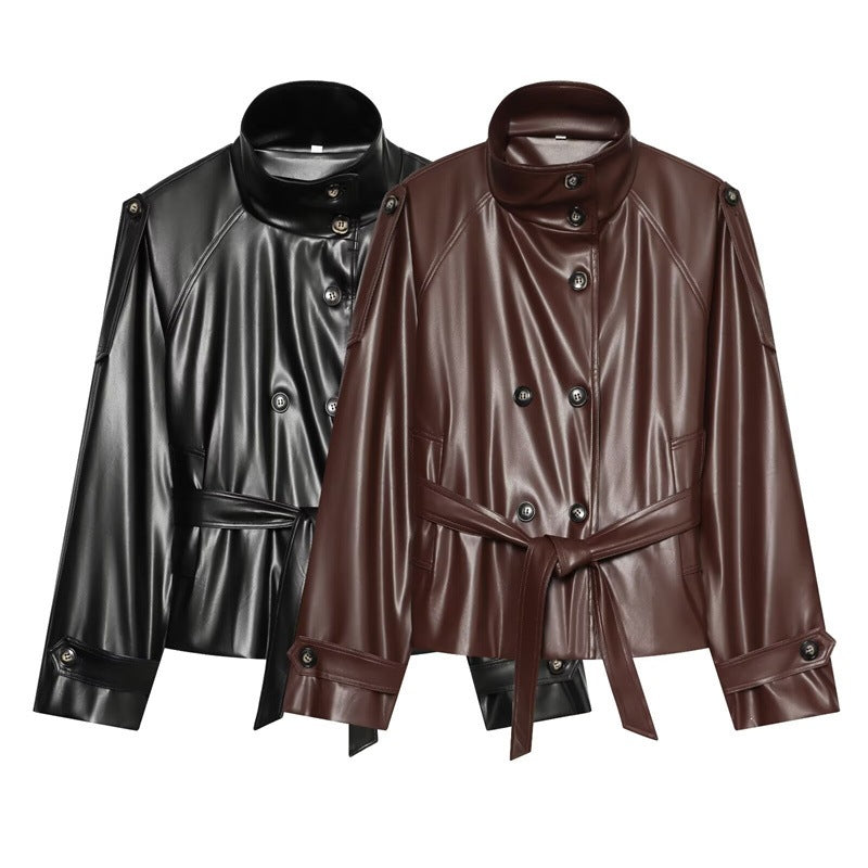 Women tailored faux leather jacket with stand-up collar, tie belt and double-breasted button placket Fashion Glam