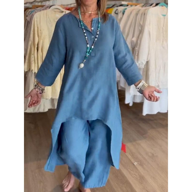 Women's Midi-Length Linen Tunic Set with Asymmetric Hem and Wide Palazzo Pants Fashion Glam