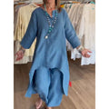 Women's Midi-Length Linen Tunic Set with Asymmetric Hem and Wide Palazzo Pants Fashion Glam