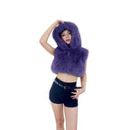 Women's Short Hooded Vest made of High-Pile Faux Fur with Voluminous Long Hair Collar Fashion Glam