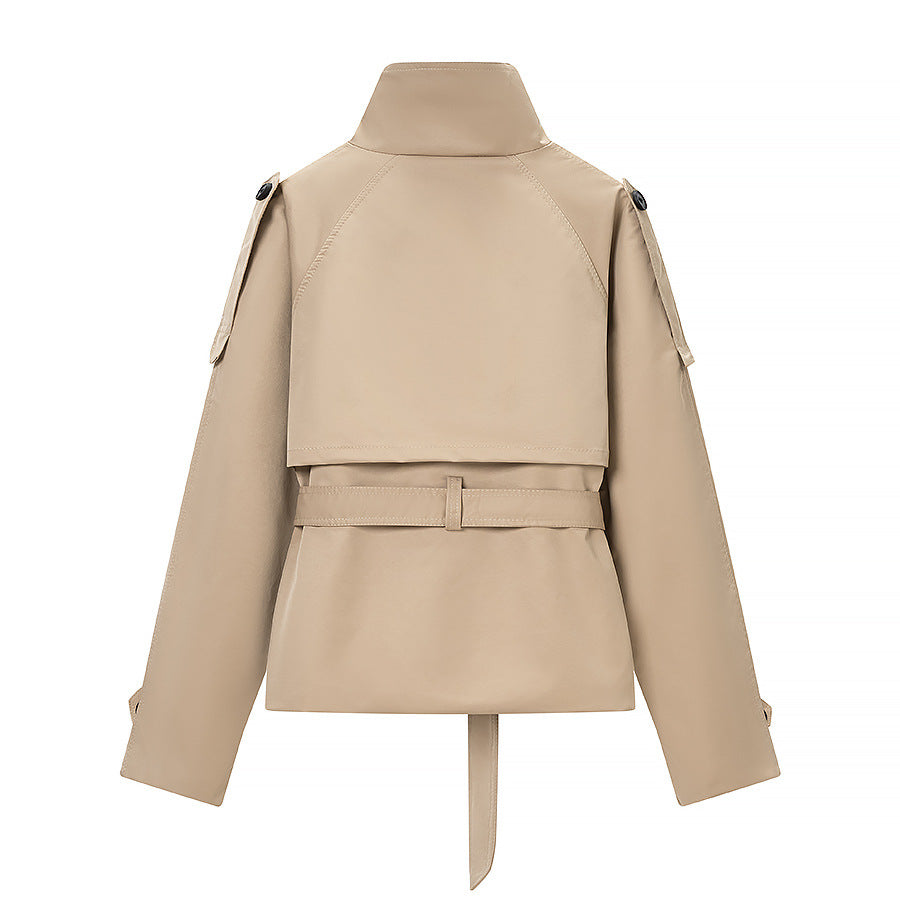 Women's Short Tailored Trench Coat with High Stand Collar and Tie Belt Fashion Glam