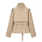 Women's Short Tailored Trench Coat with High Stand Collar and Tie Belt Fashion Glam