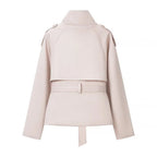 Women's Short Double-Breasted Trench Coat with Stand Collar, Tied Belt and Epaulettes Fashion Glam