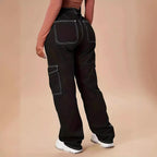 Women's utility cargo pants with wide leg, high waist and contrasting decorative seams Fashion Glam