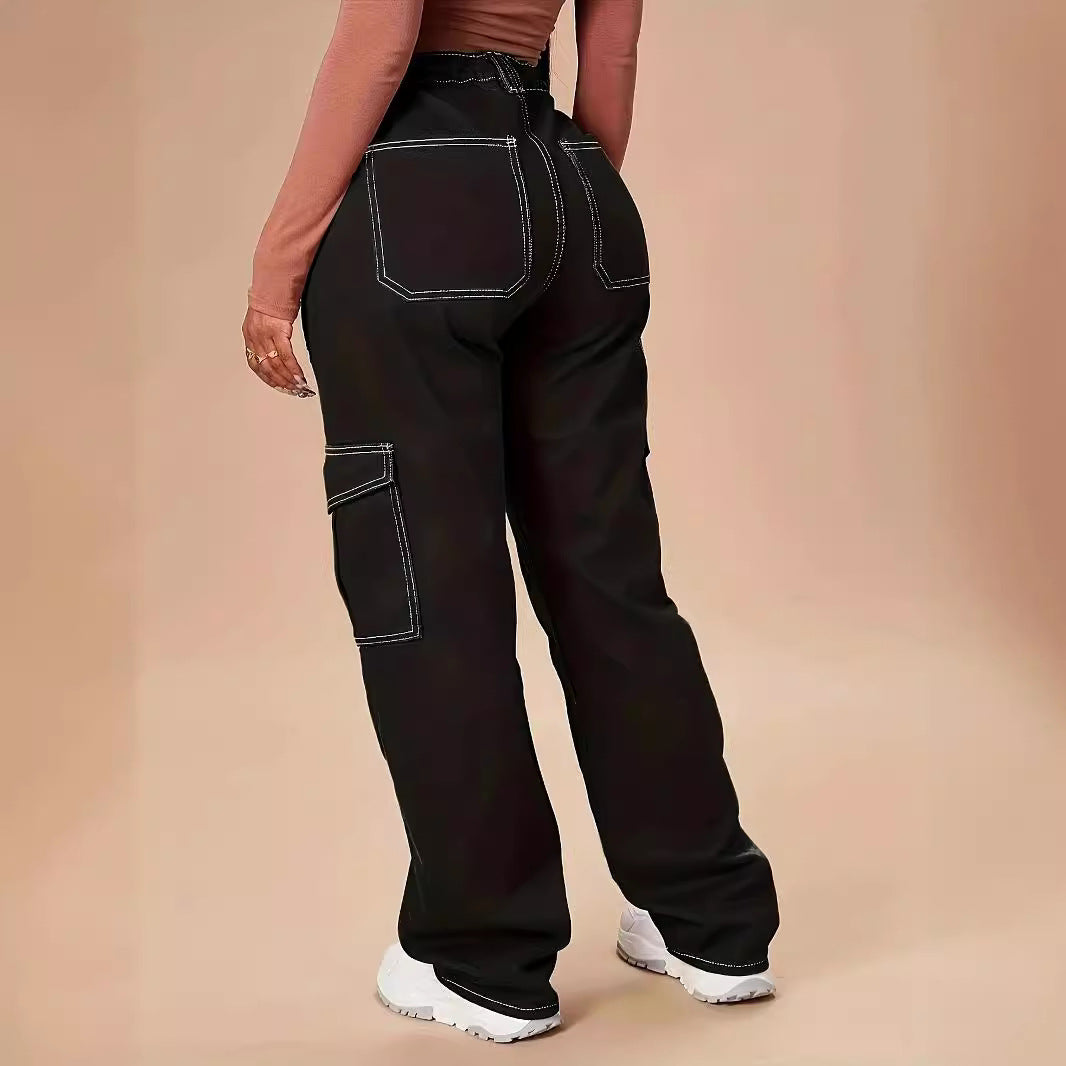 Women's utility cargo pants with wide leg, high waist and contrasting decorative seams Fashion Glam