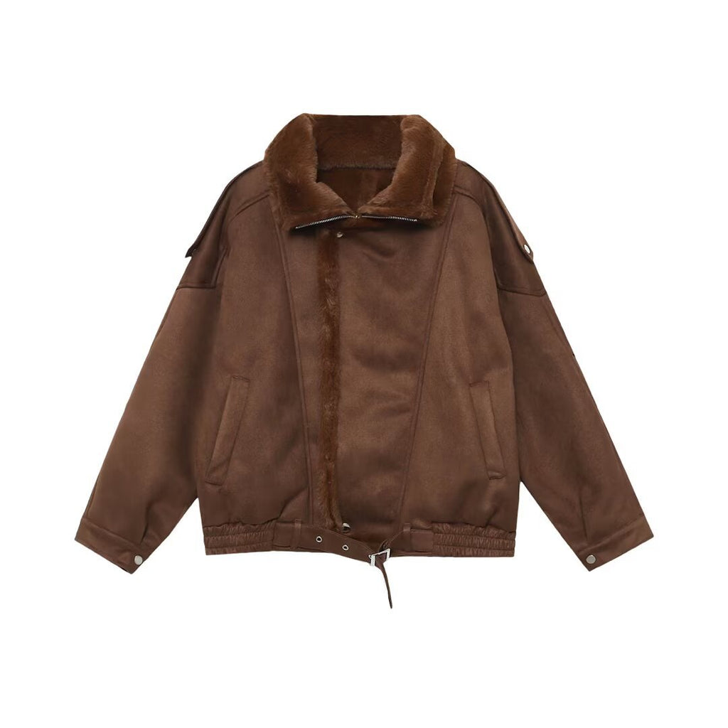 Women's Oversized Aviator Jacket with Teddy Lining, Stand Collar and Waist Belt Fashion Glam