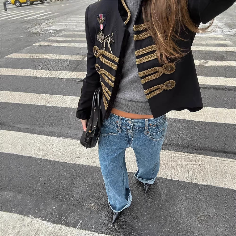 Women's short military-inspired jacket with golden decorative cord and stand-up collar Fashion Glam