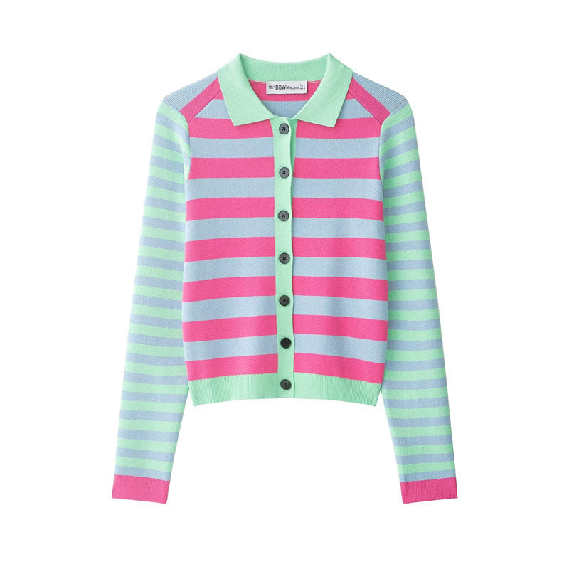 Women's Striped Short Knit Jacket with Polo Collar, Contrasting Button Placket and Ribbed Cuffs Fashion Glam