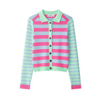 Women's Striped Short Knit Jacket with Polo Collar, Contrasting Button Placket and Ribbed Cuffs Fashion Glam