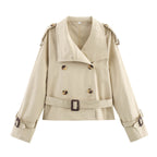 Women's Short Double-Breasted Trench Blouson with High Stand Collar, Shoulder Tabs, and Waist Belt Fashion Glam