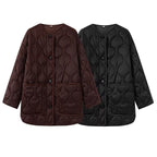 Women Longline Quilted Jacket with Round Neck, Button Placket and Patch Pockets Fashion Glam