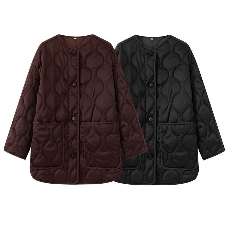Women Longline Quilted Jacket with Round Neck, Button Placket and Patch Pockets Fashion Glam