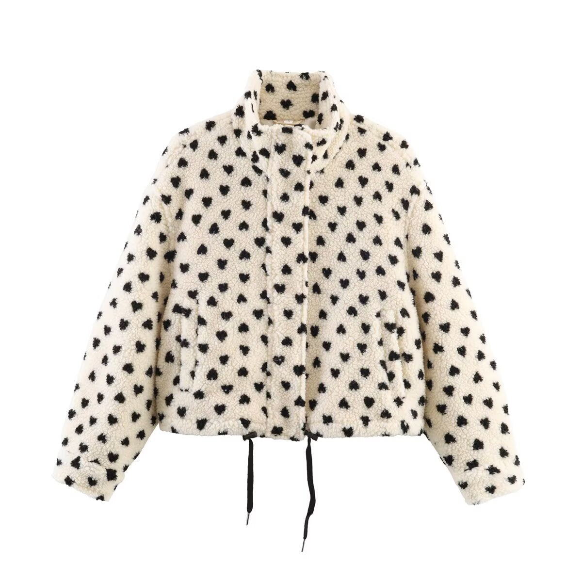 Women's Lined Teddy Jacket with Heart All-Over, Stand Collar and Drawstring Fashion Glam