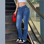 Women's High-Waisted Stretch Jeans with Light Flare and Decorative Pockets Fashion Glam