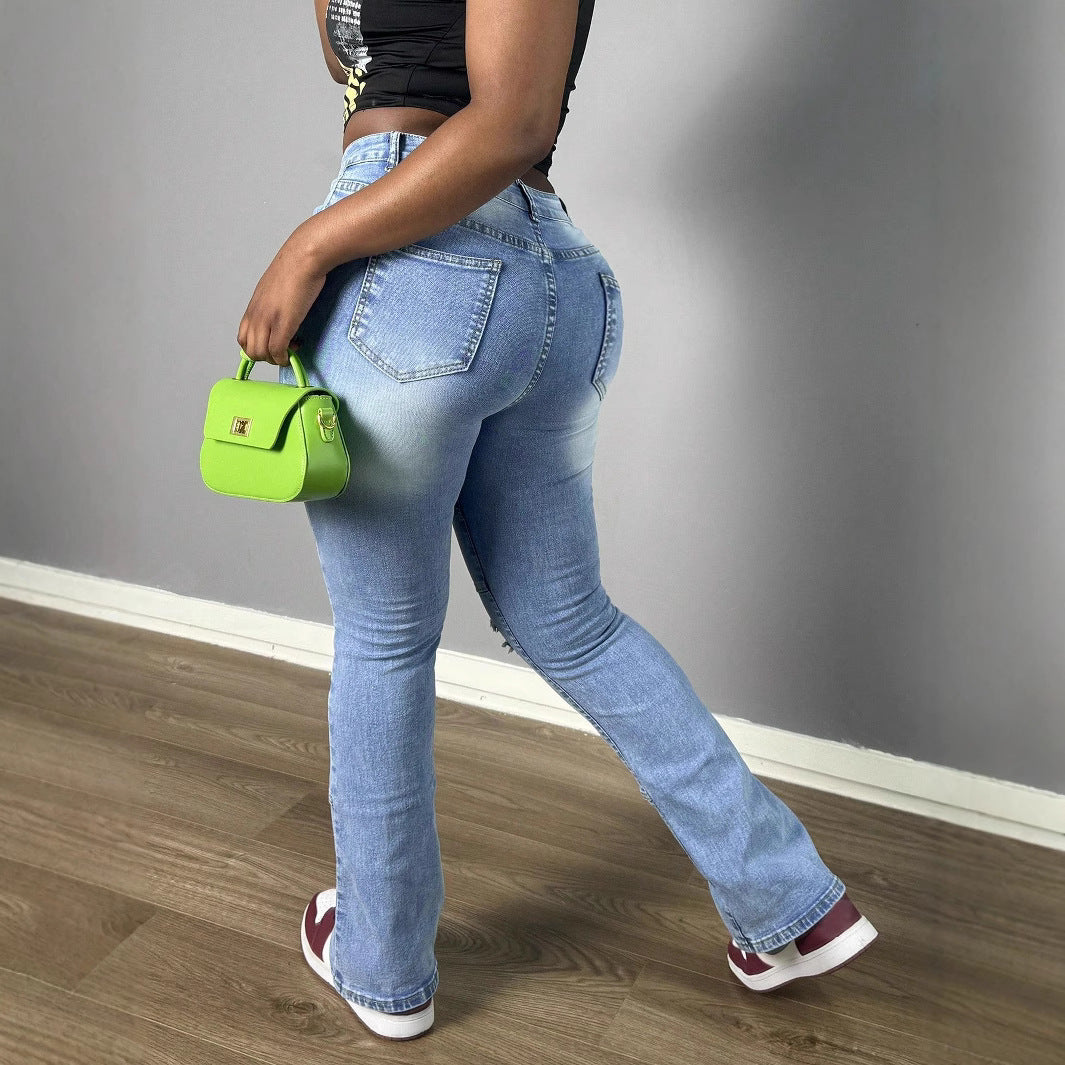 Women High-Waisted Distressed Flared Jeans with Panel Seams Fashion Glam