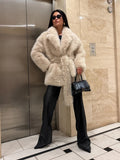 Women Boxy Short Coat made of extra fluffy high pile with wrap belt Fashion Glam