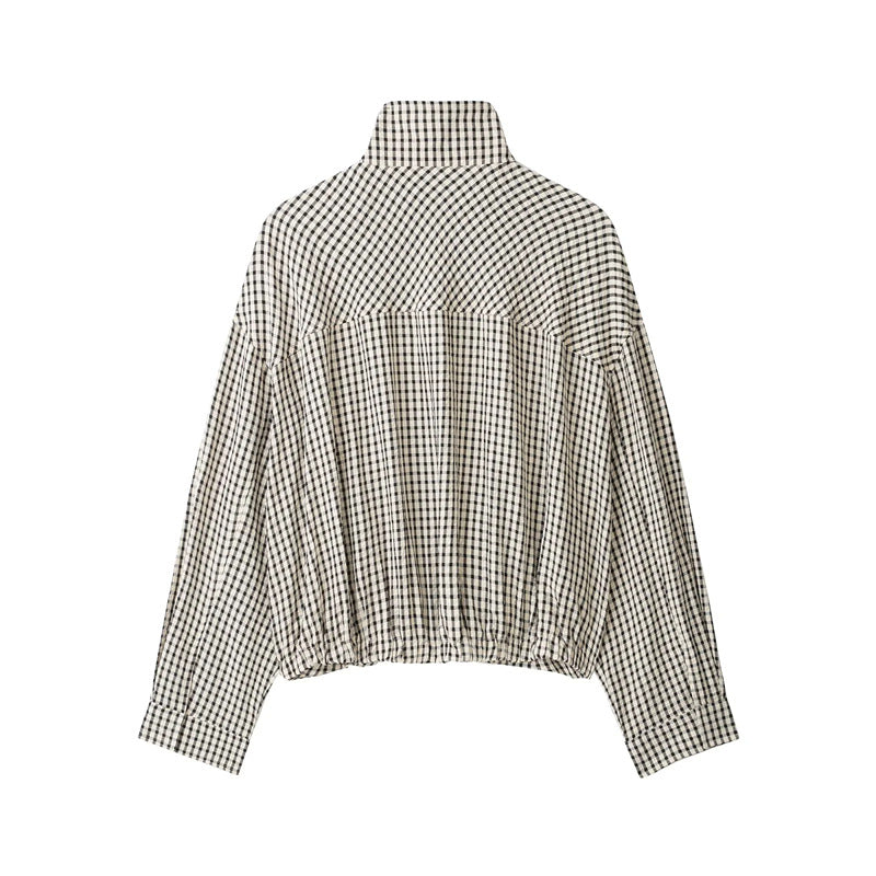 Women's short-cut checked bomber jacket with stand-up collar, elastic hem and concealed zipper Fashion Glam