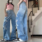 Women's Loose Denim Jeans in Baggy Style with Decorative Fringe Star Appliqués Fashion Glam