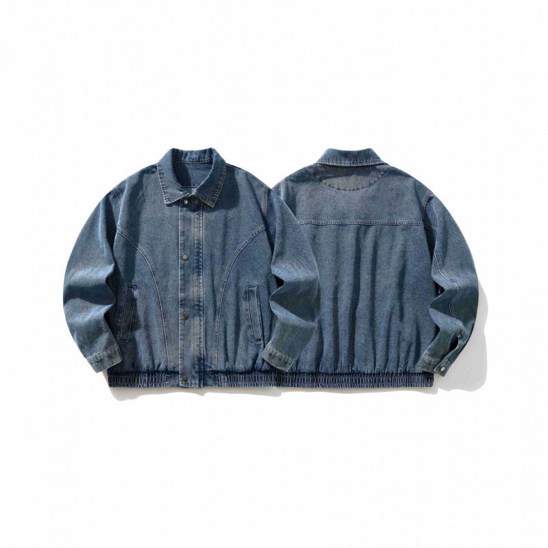 Men's Oversized Denim Jacket with Elastic Hem and Concealed Snap Button Placket Fashion Glam