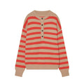 Women's Striped Knitted Sweater with Henley Button Placket Fashion Glam