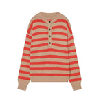 Women's Striped Knitted Sweater with Henley Button Placket Fashion Glam