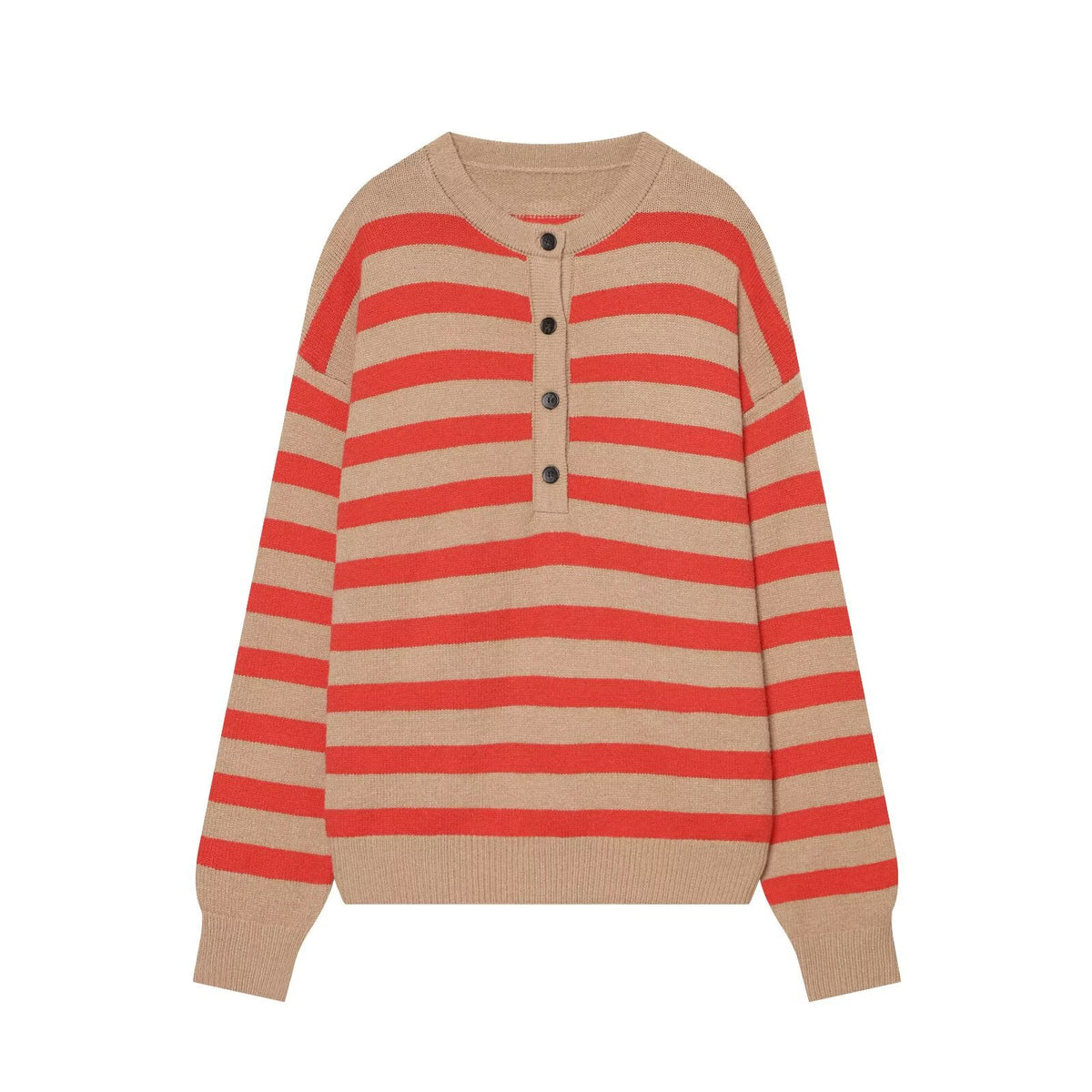 Women's Striped Knitted Sweater with Henley Button Placket Fashion Glam