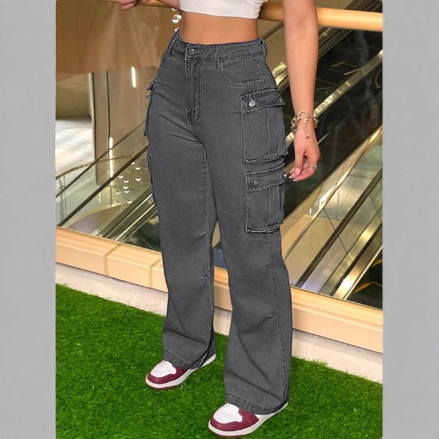 Women's Cargo Denim Pants with Wide Leg, High Waist & Multifunctional Flap Pockets Fashion Glam