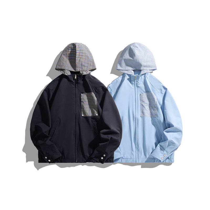 Unisex Lightweight Hooded Transition Jacket with Checkered Pattern Lining and Chest Pocket Fashion Glam