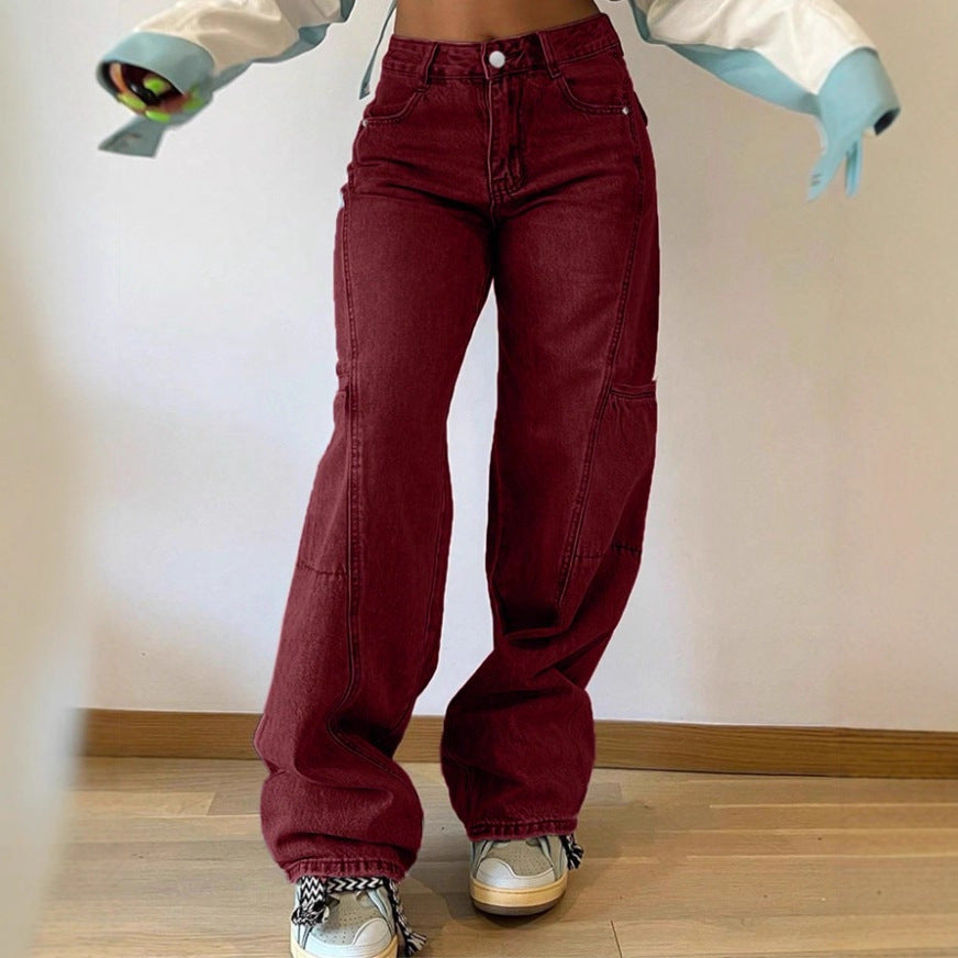 Women's High-Waist Wide Cargo Denim Pants with Seam Panels and Baggy Silhouette Fashion Glam