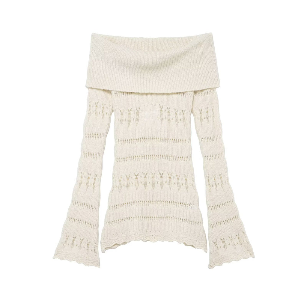 Women's Off-Shoulder Fine Knit Sweater with Folded Roll Neck and Bell Sleeves Fashion Glam