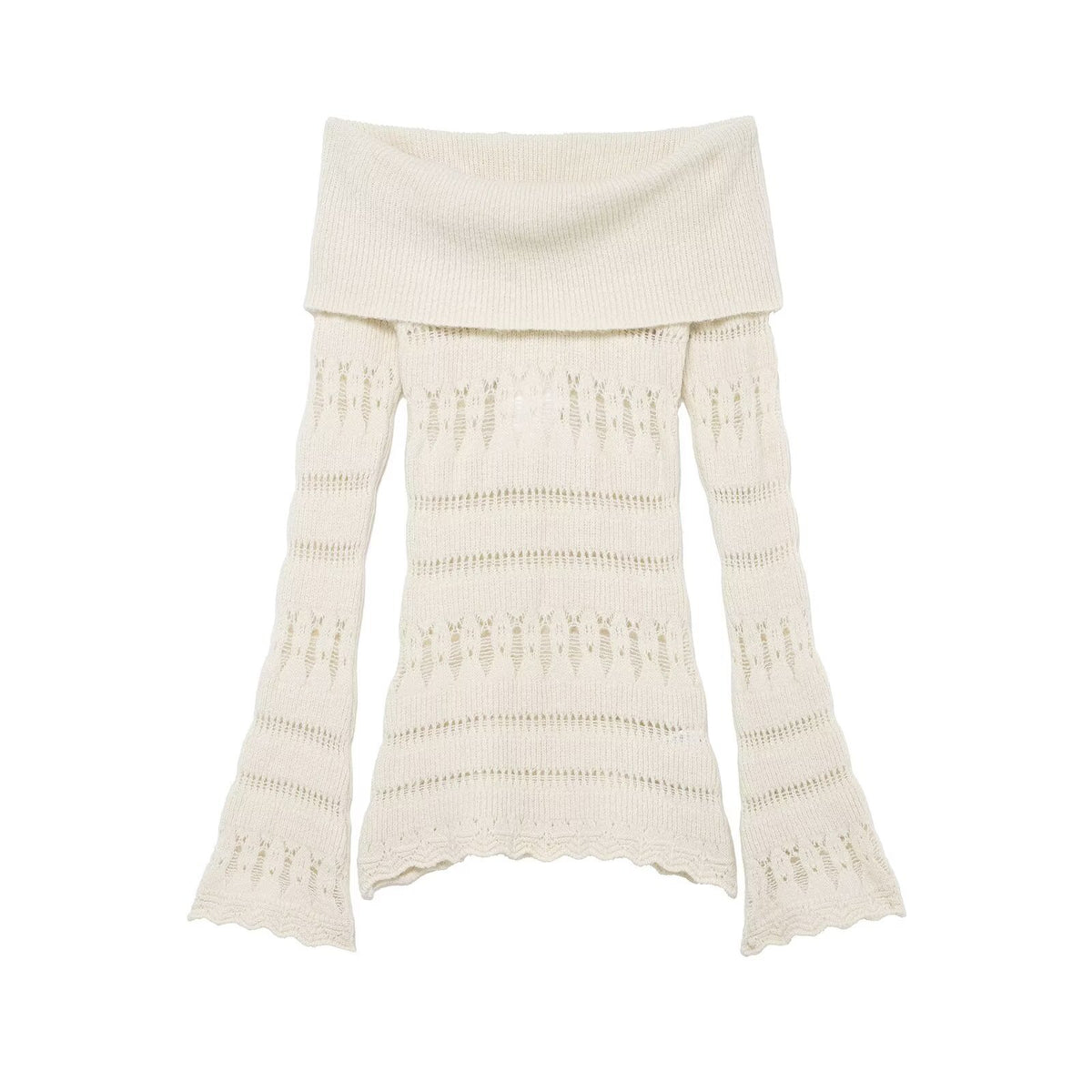 Women's Off-Shoulder Fine Knit Sweater with Folded Roll Neck and Bell Sleeves Fashion Glam
